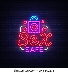 Safe Sex design template. Safe sex condom concept for adults in neon style. Neon Sign, Element Design, Digital Projects. Intimate store. Bright nightly advertising. Vector illustration