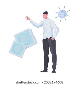 Safe sex flat composition with image of microbe and man holding condom isolated vector illustration