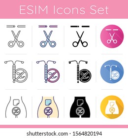 Safe Sex Icons Set. Female And Male Sterilisation. Fallopian Tubes Cut. Vasectomy. Intrauterine Device. Contraceptive Patch. Flat Design, Linear, Black And Color Styles. Isolated Vector Illustrations