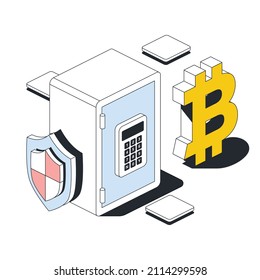 Safe, shield security, bitcoin sign. Vector 3d sketch line isometric style, color icon illustration. Creative design idea and infographics elements.