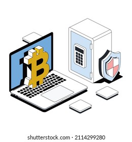 Safe shield security, laptop bitcoin sign. Vector 3d sketch line isometric style, color icon illustration. Creative design idea and infographics elements.