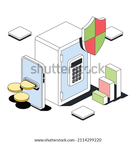 Safe, shield security, smartphone coins, charts. Vector 3d sketch line isometric style, color icon illustration. Creative design idea and infographics elements.