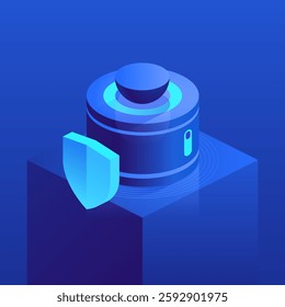 Safe with a shield, symbolizing security and protection of valuables. Ideal for tech-related themes, cybersecurity concepts, or innovative digital solutions. Vector isometric illustration.