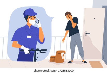 Safe shipping, contactless delivery concept. Man receiving order or groceries during quarantine. Deliveryman in medical mask and gloves call the customer. Vector illustration in flat cartoon style