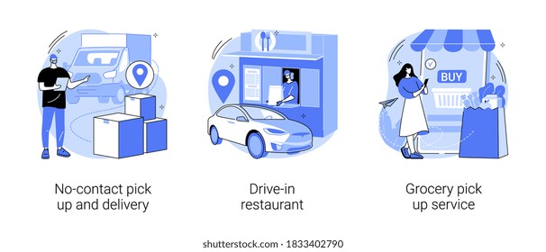 Safe shopping abstract concept vector illustration set. No-contact delivery, drive-in restaurant, grocery pick up service, online grocery order, take away, ecommerce store abstract metaphor.