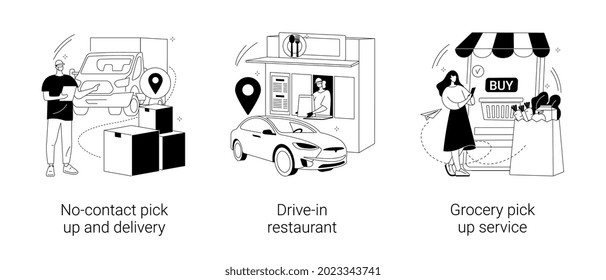 Safe shopping abstract concept vector illustration set. No-contact delivery, drive-in restaurant, grocery pick up service, online grocery order, take away, ecommerce store abstract metaphor.