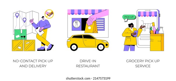 Safe shopping abstract concept vector illustration set. No-contact delivery, drive-in restaurant, grocery pick up service, online grocery order, take away, ecommerce store abstract metaphor.