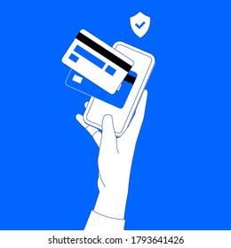 Safe shopping with bank cards. Protected data. Holding phone with one hand. Choosing credit, debit, virtual card. Vector illustration.