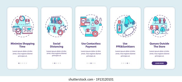 Safe shopping during Covid tips onboarding mobile app page screen with concepts. Social distancing, using PPE walkthrough 5 steps graphic instructions. UI vector template with RGB color illustrations