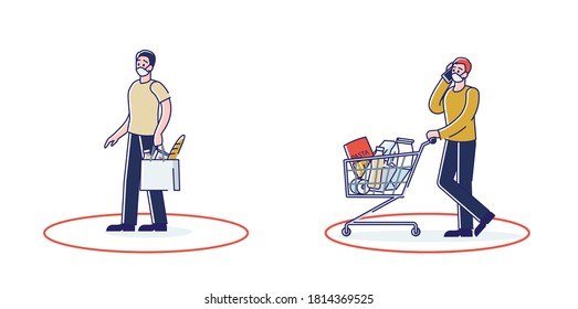 Safe shopping during covid-19 quarantine with people standing in line keeping social distance for epidemic prevention measures and health safety. Linear vector illustration