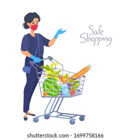 Safe shopping food. Lady wear mask, gloves. Protective measures under the conditions of coronavirus. Illness prevention. Vector flat illustration isolated on a white background.