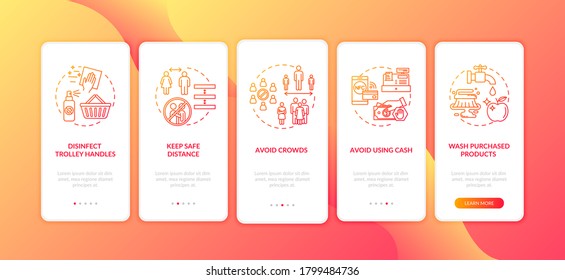Guía de compras seguras a bordo de la pantalla de la aplicación móvil con conceptos. Desinfecte el recorrido de la cesta de alimentos 5 pasos instrucciones gráficas. plantilla de vector de interfaz de usuario con ilustraciones de color RGB