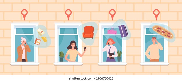 Safe shopping from home. People wait delivery, food goods gifts online store app. Woman man in window talking phones vector concept