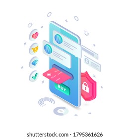 Safe shopping online isometric concept. 3d buy online security concept with smartphone. Mobile contactless internet payments, online bank vector illustration for web, mobile app, advert, social media.