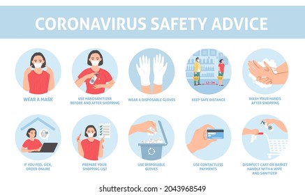Safe shopping rules. Coronavirus safety advice infographic, flat vector isolated illustration. Corona virus Covid-19 disease spread prevention measures.