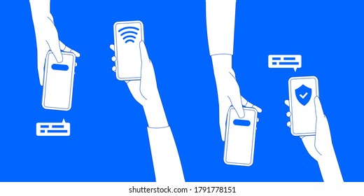 Safe shopping. Sharing data. Holding phone with one hand. Contactless payment. Vector Flat Illustration.