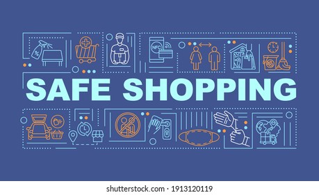 Banner de conceptos de palabra de consejos de compras seguros. Protección de los consumidores. Servicio comercial. Infografía con iconos lineales sobre fondo azul oscuro. Tipografía aislada. Ilustración de color RGB del contorno del vector