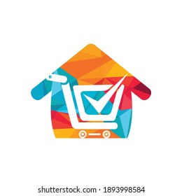Plantilla de diseño del logotipo del vector de compra seguro. Carro de compras con signo de verificación e icono de casa.