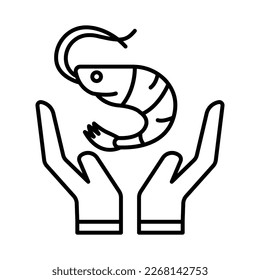 Sichere Garnelen-Icon-Illustration. Handsymbol mit Garnelen. mit Lebensmittelallergien zusammenhängende Ikone. Umrisssymbol-Stil. Einfaches Vektordesign bearbeitet