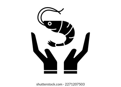 Sichere Garnelen-Icon-Illustration. Handsymbol mit Garnelen. mit Lebensmittelallergien zusammenhängende Ikone. Solid-Icon-Stil. Einfaches Vektordesign bearbeitet