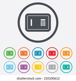Safe sign icon. Deposit lock symbol. Protection for your documents in hotel. Round circle buttons with frame. Vector