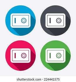 Safe sign icon. Deposit lock symbol. Protection for your documents in hotel. Circle buttons with long shadow. 4 icons set. Vector