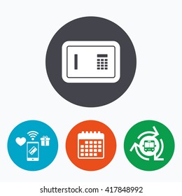 Safe sign icon. Deposit lock symbol. Protection for your documents in hotel. Mobile payments, calendar and wifi icons. Bus shuttle.