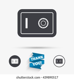 Safe sign icon. Deposit lock symbol. Protection for your documents in hotel. Flat icons. Buttons with icons. Thank you ribbon. Vector