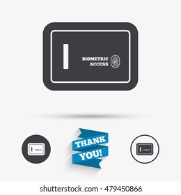 Safe sign icon. Deposit lock symbol. Biometric access by fingerprint. Flat icons. Buttons with icons. Thank you ribbon. Vector