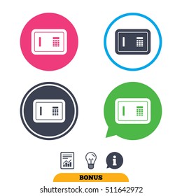 Safe sign icon. Deposit lock symbol. Protection for your documents in hotel. Report document, information sign and light bulb icons. Vector