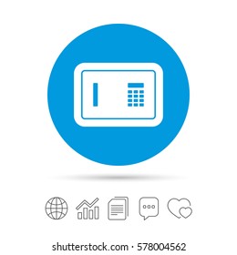 Safe sign icon. Deposit lock symbol. Protection for your documents in hotel. Copy files, chat speech bubble and chart web icons. Vector
