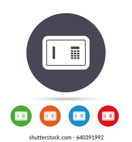 Safe sign icon. Deposit lock symbol. Protection for your documents in hotel. Round colourful buttons with flat icons. Vector