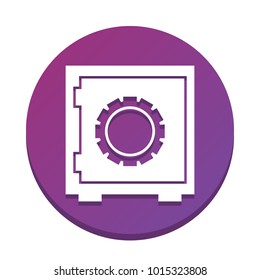 Safe sign illustration, crib, vault, lock box. Vector. White icon with flat shadow on purpureus circle at white background. Isolated.