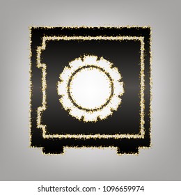 Safe sign illustration, crib, vault, lock box. Vector. Blackish icon with golden stars at grayish background.