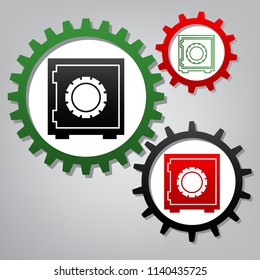 Safe sign illustration, crib, vault, lock box. Vector. Three connected gears with icons at grayish background.