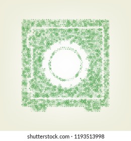 Safe sign illustration, crib, vault, lock box. Vector. Green hexagon rastered icon and noised opacity and size at light green background with central light.