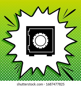Safe sign illustration, crib, vault, lock box. Black Icon on white popart Splash at green background with white spots. Illustration.