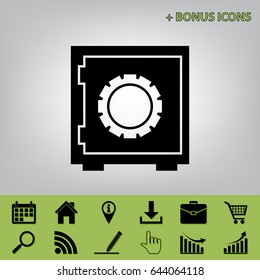 Safe sign illustration, crib, vault, lock box. Vector. Black icon at gray background with bonus icons 