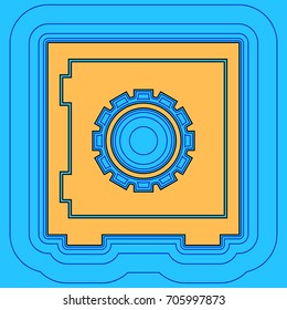 Safe sign illustration, crib, vault, lock box. Vector. Sand color icon with black contour and equidistant blue contours like field at sky blue background. Like waves on map - island in ocean or sea.