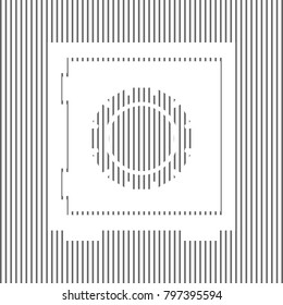 Safe sign illustration, crib, vault, lock box. Vector. White icon on grayish striped background. Optical illusion.