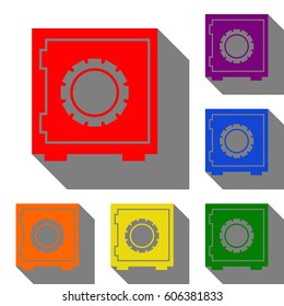 Safe sign illustration. Set of red, orange, yellow, green, blue and violet icons at white background with flat shadow.
