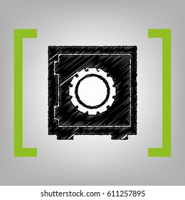 Safe sign illustration. Vector. Black scribble icon in citron brackets on grayish background.
