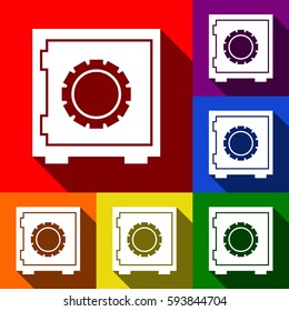 Safe sign illustration. Vector. Set of icons with flat shadows at red, orange, yellow, green, blue and violet background.