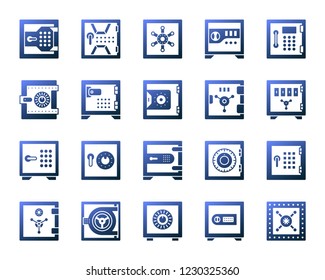 Safe silhouette icons set. Isolated on white web sign kit of bank cell. Keep Money pictogram collection includes storage system, treasure. Modern gradient simple contour symbol. Safe vector icon shape