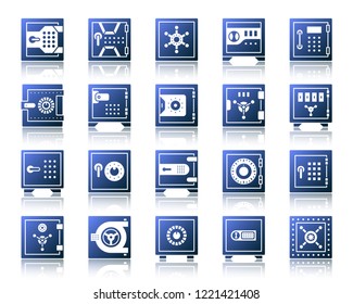 Safe silhouette icons set with reflection. Color web sign bank cell kit. Keep Money vector pictogram collection metal box, code lock, safety data. Gradient contour simple safe icon isolated on white