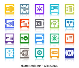 Safe silhouette icons set. Web sign kit of bank cell. Keep Money pictograms of closed metal box, secure number, lock wheel. Simple steel container color contour symbol. Vector Icon isolated on white