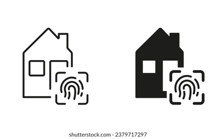 Safe Smart Home with Fingerprint Pictogram. Real Estate with Biometric Identification Line and Silhouette Black Icon Set. Security House Building Symbol Collection. Isolated Vector Illustration.