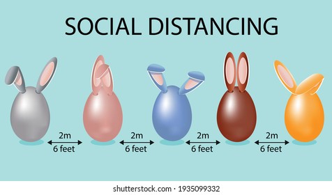 Safe social distance Easter holiday. Easter eggs, safety during the coronavirus epidemic. Vector illustration.