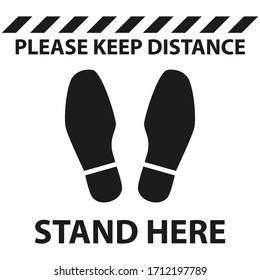 Safe Social Distance Mark. Foot Sole Icon. Stand Here Caution Sign For Supermarkets. Floor Label For Industrial Area. Step Prints Silhouette.