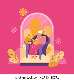 Safe social distance, quarantine and virus protection. An elderly woman is reading a book sitting in a large chair. Granny inside the glass dome. Health protection. Flat vector concept illustration